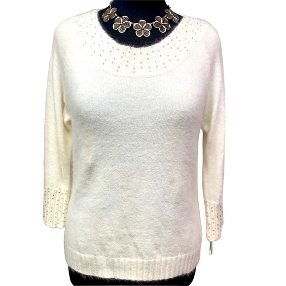 Angora Blend Cream Beaded Neck Sweater - Picture 1 of 4